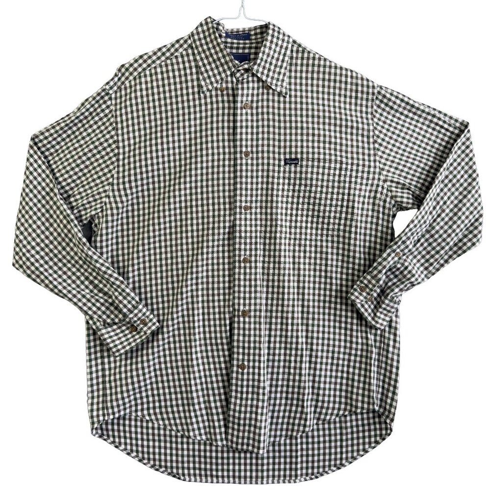 FACONNABLE Green Brown Gingham Shirt Small Plaid Long Sleeve Cotton Button Front